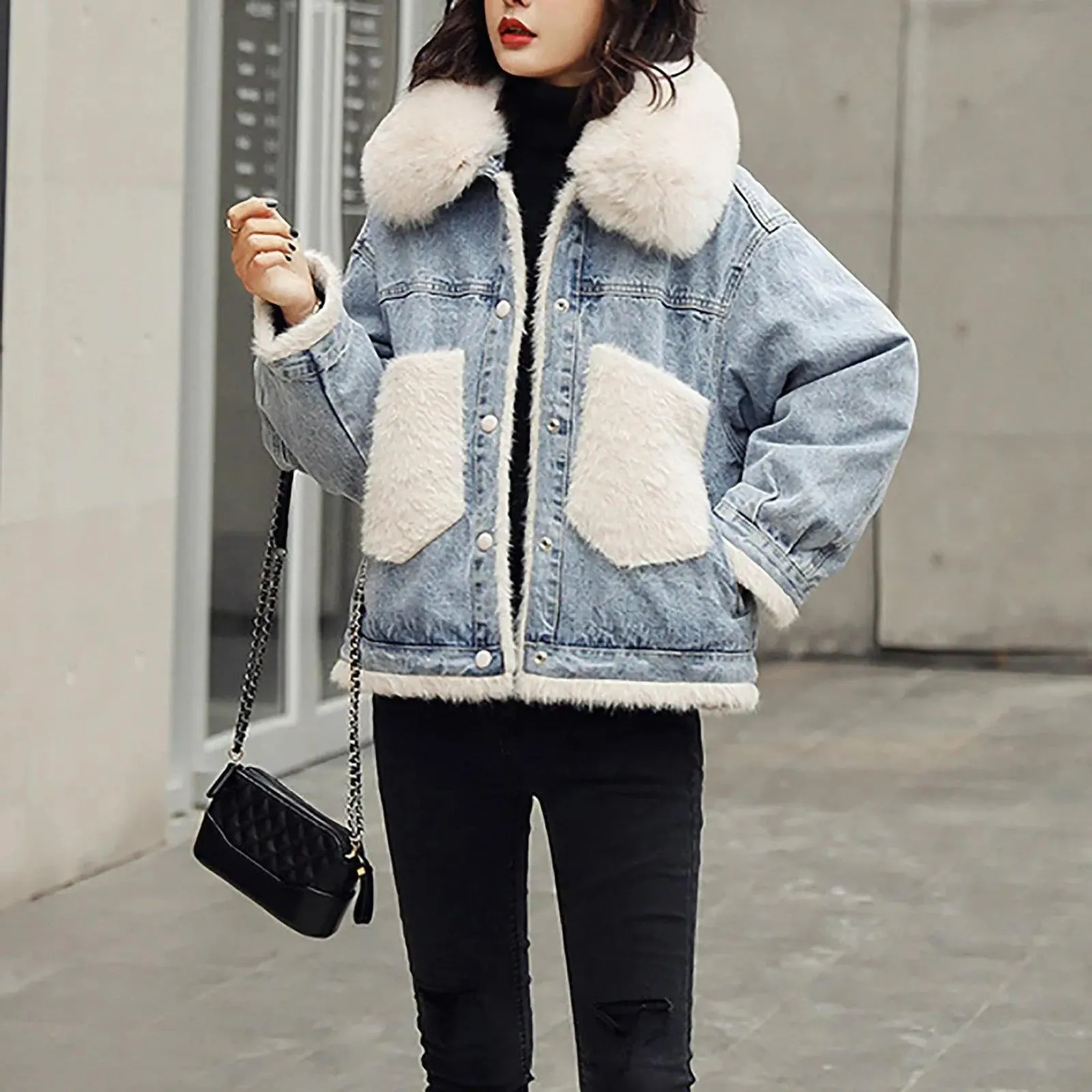 Women's Fox Fur collar Denim Jacket,Women Thermal Coat Faux Fur Lined Denim Jacket,Winter Faux Fur Coat,Relaxed Fit Jacket Coat,Denim Coat