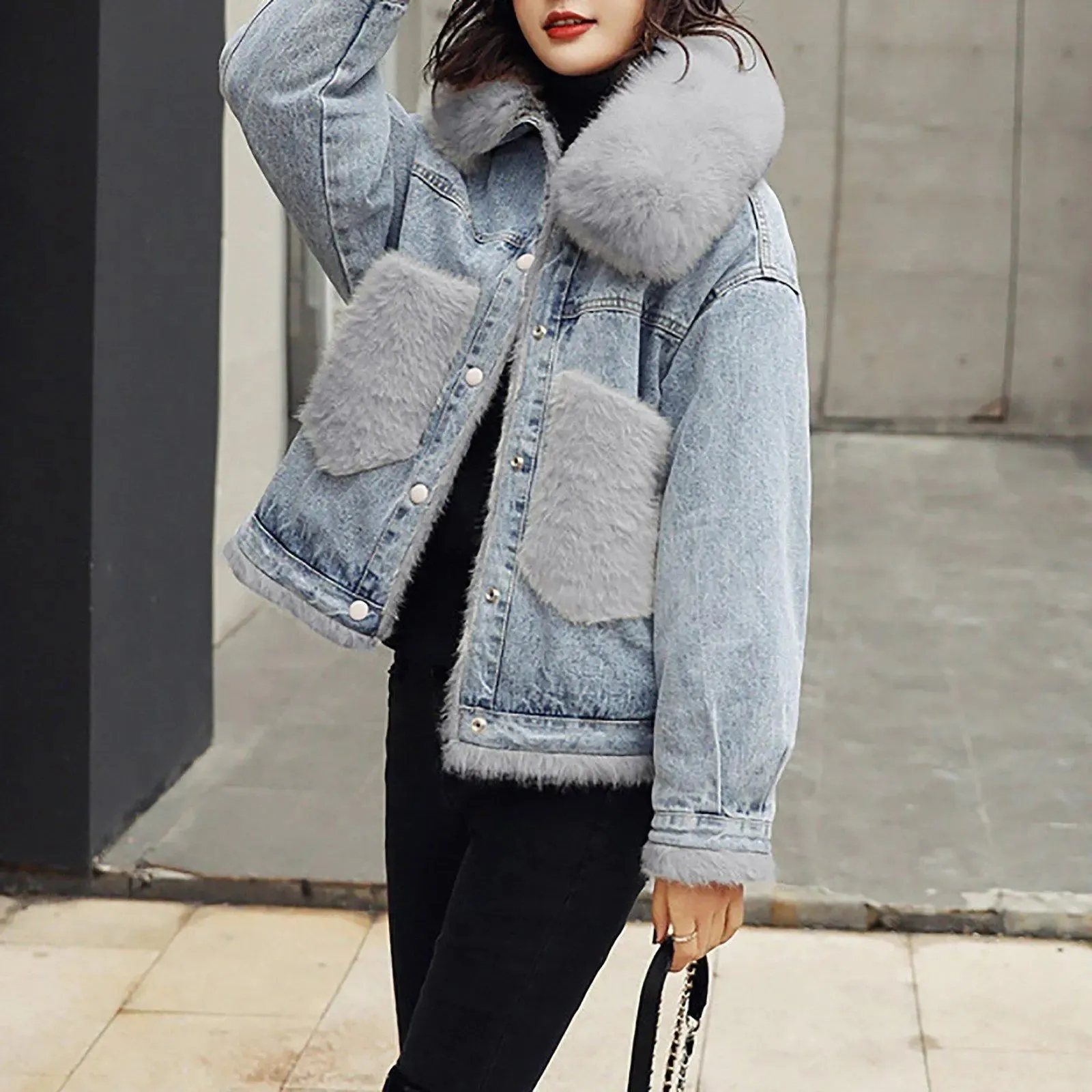 Women's Fox Fur collar Denim Jacket,Women Thermal Coat Faux Fur Lined Denim Jacket,Winter Faux Fur Coat,Relaxed Fit Jacket Coat,Denim Coat