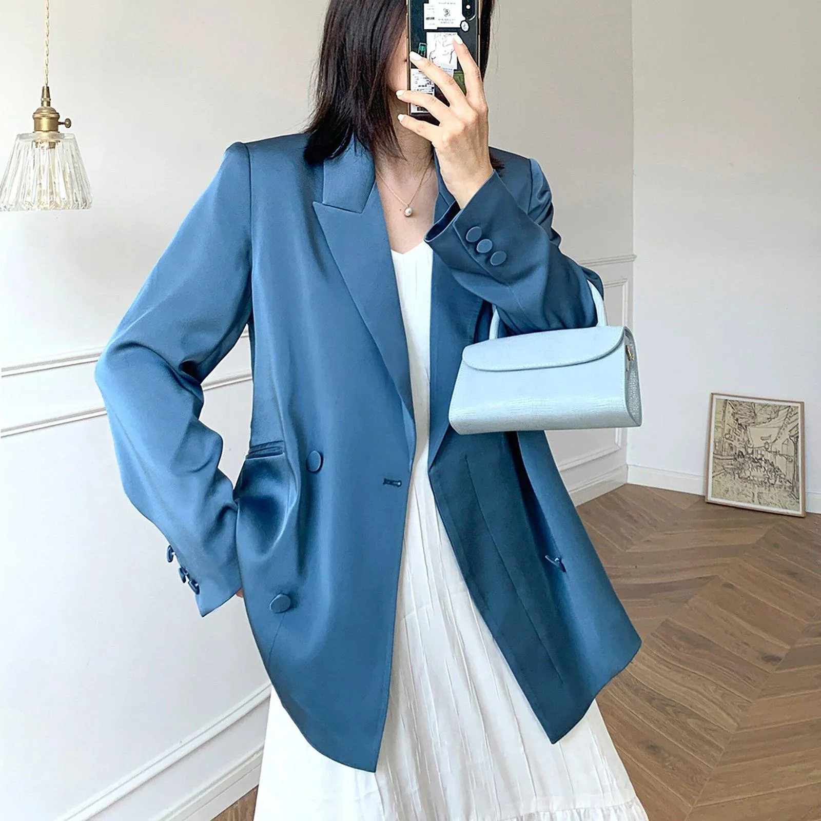 Women's Satin Blazer Coat,Blue Satin Blazer Suit,Oversize Blazer Suit,Gray Satin Blazer Suit,Casual Blazer Coat,Wedding guest Suit women