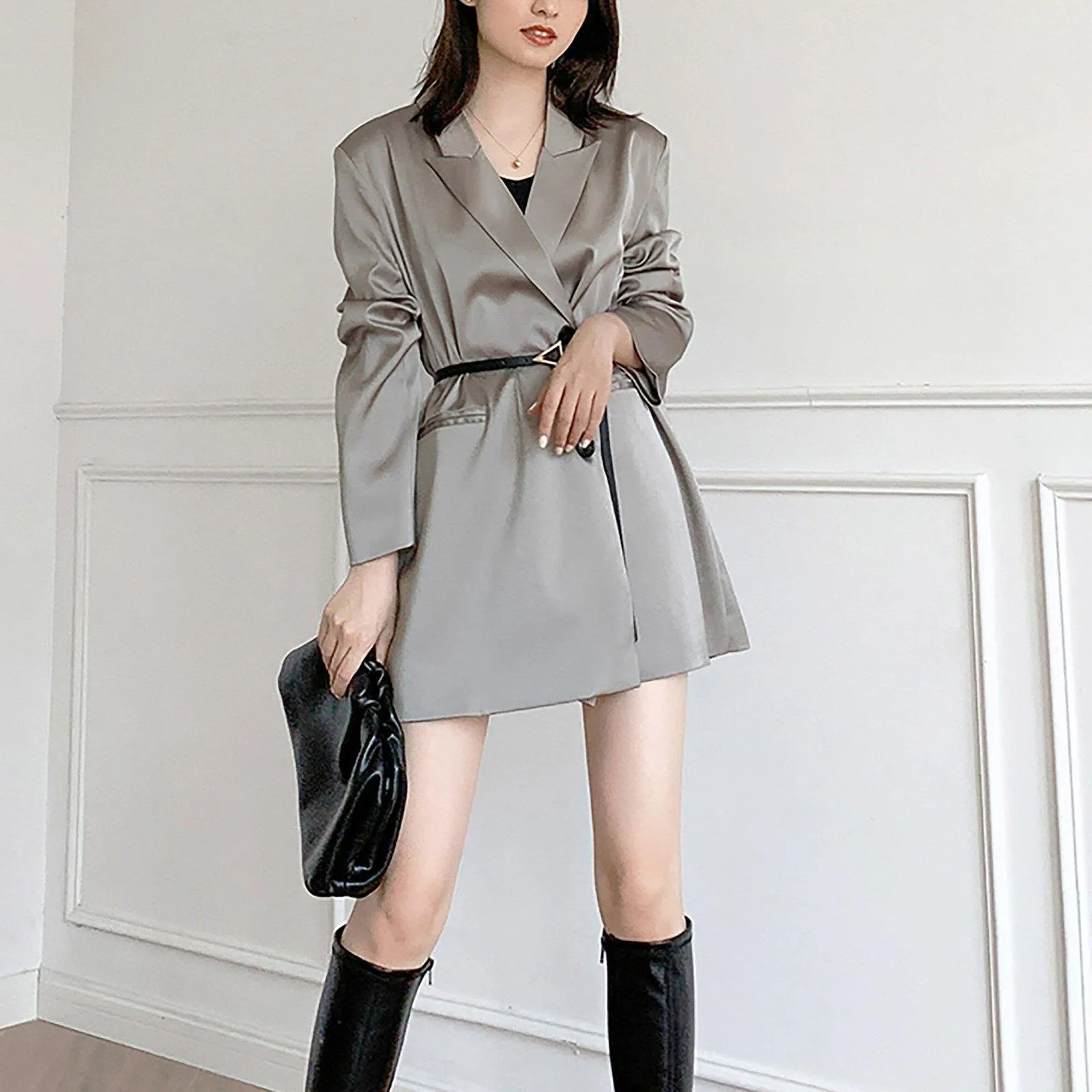 Women's Satin Blazer Coat,Blue Satin Blazer Suit,Oversize Blazer Suit,Gray Satin Blazer Suit,Casual Blazer Coat,Wedding guest Suit women