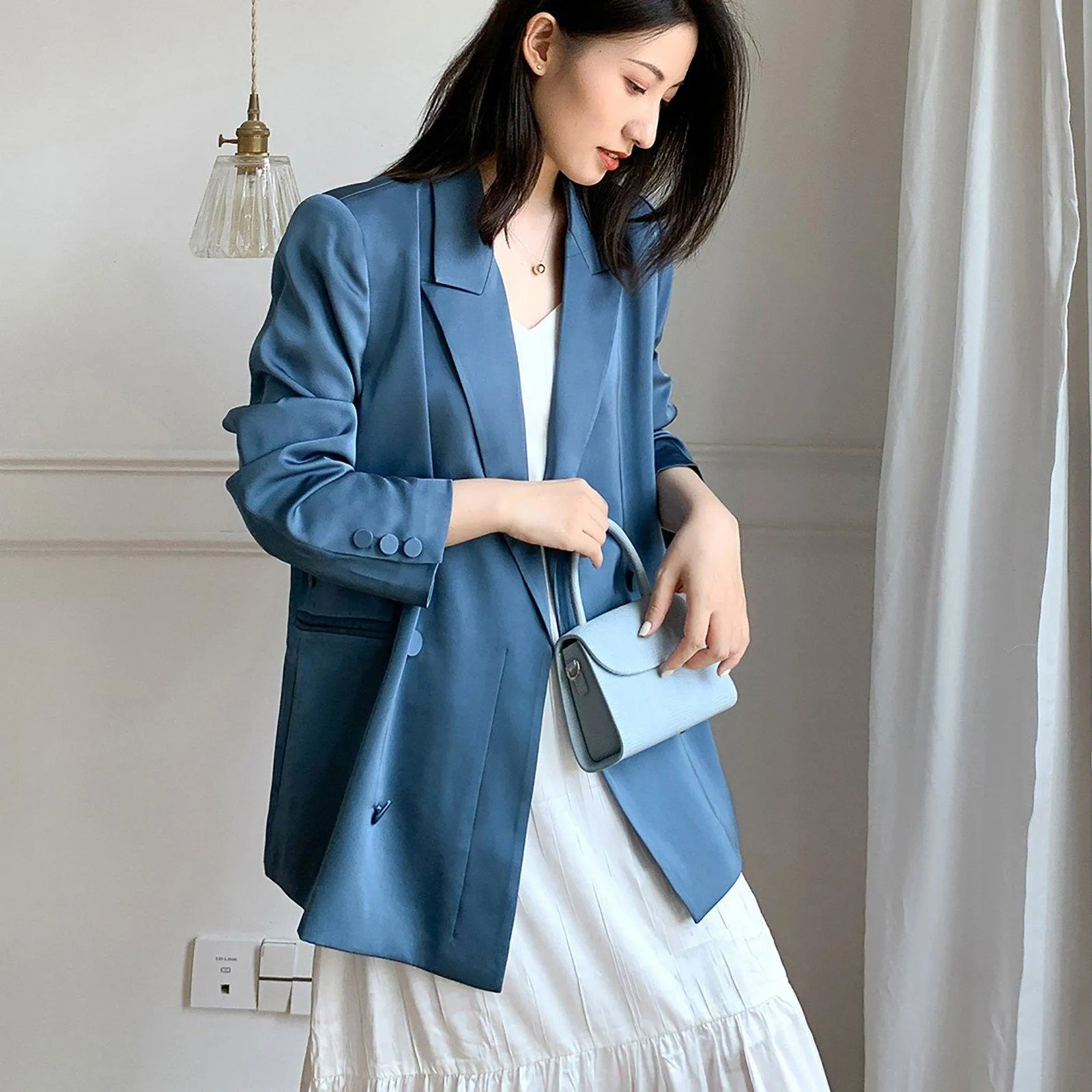 Women's Satin Blazer Coat,Blue Satin Blazer Suit,Oversize Blazer Suit,Gray Satin Blazer Suit,Casual Blazer Coat,Wedding guest Suit women