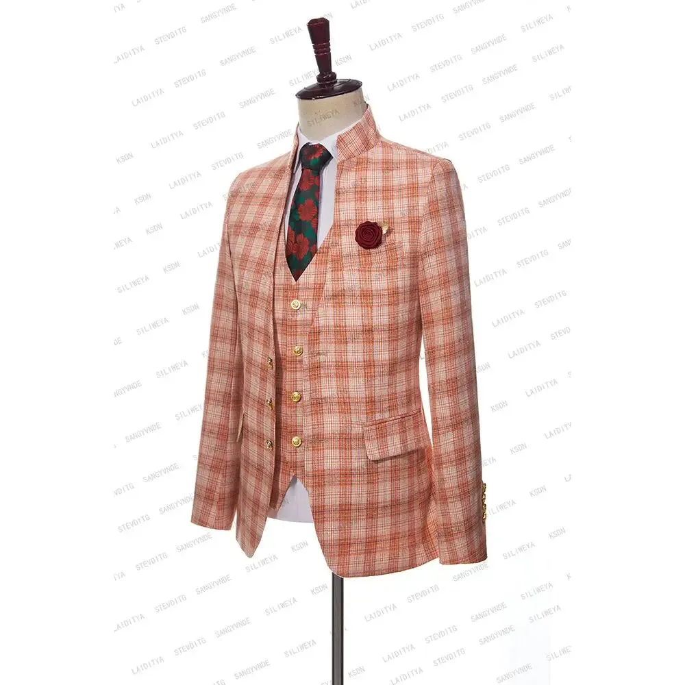 Xituodai 2024 Latest Men Standing Collar Linen Set Business Fashion Orange Classic Plaid Slim Fit Tuxedo Wedding 3 Pcs Jacket Vest Pants