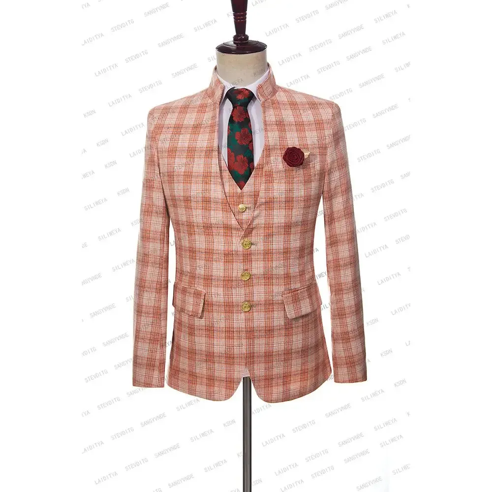 Xituodai 2024 Latest Men Standing Collar Linen Set Business Fashion Orange Classic Plaid Slim Fit Tuxedo Wedding 3 Pcs Jacket Vest Pants