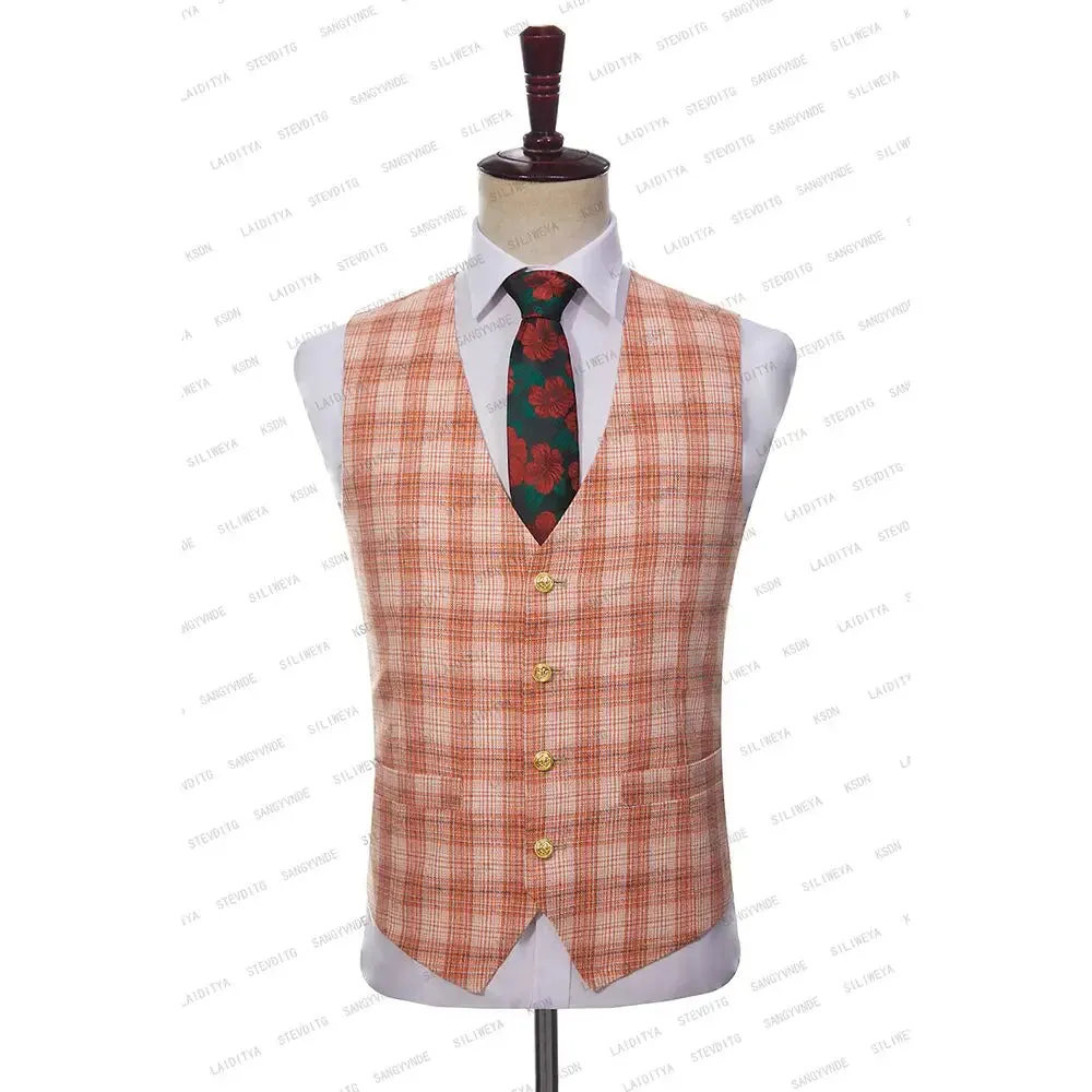 Xituodai 2024 Latest Men Standing Collar Linen Set Business Fashion Orange Classic Plaid Slim Fit Tuxedo Wedding 3 Pcs Jacket Vest Pants