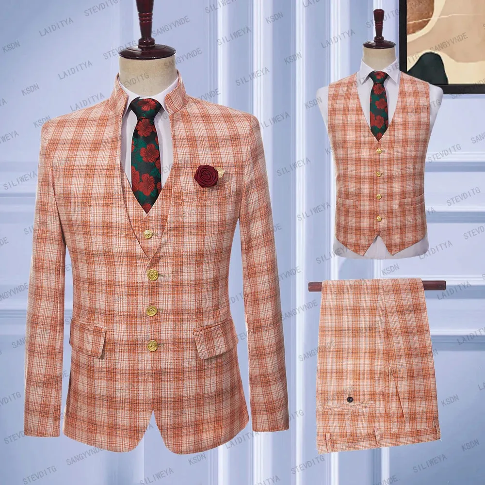 Xituodai 2024 Latest Men Standing Collar Linen Set Business Fashion Orange Classic Plaid Slim Fit Tuxedo Wedding 3 Pcs Jacket Vest Pants