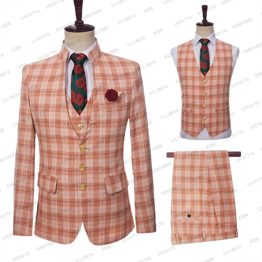 Xituodai 2024 Latest Men Standing Collar Linen Set Business Fashion Orange Classic Plaid Slim Fit Tuxedo Wedding 3 Pcs Jacket Vest Pants