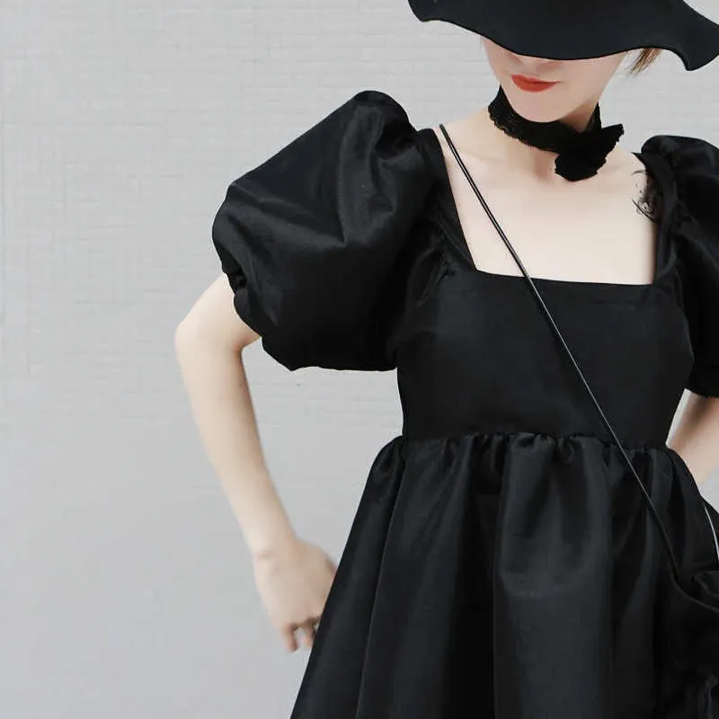 Yukie Square Collar Puff Dress - Black