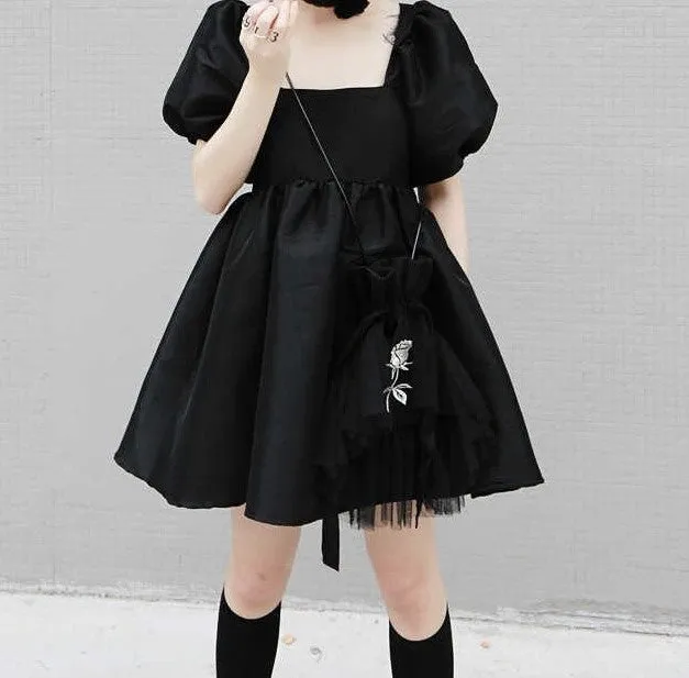 Yukie Square Collar Puff Dress - Black