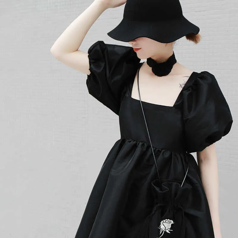 Yukie Square Collar Puff Dress - Black