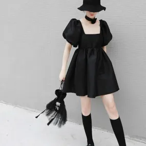 Yukie Square Collar Puff Dress - Black