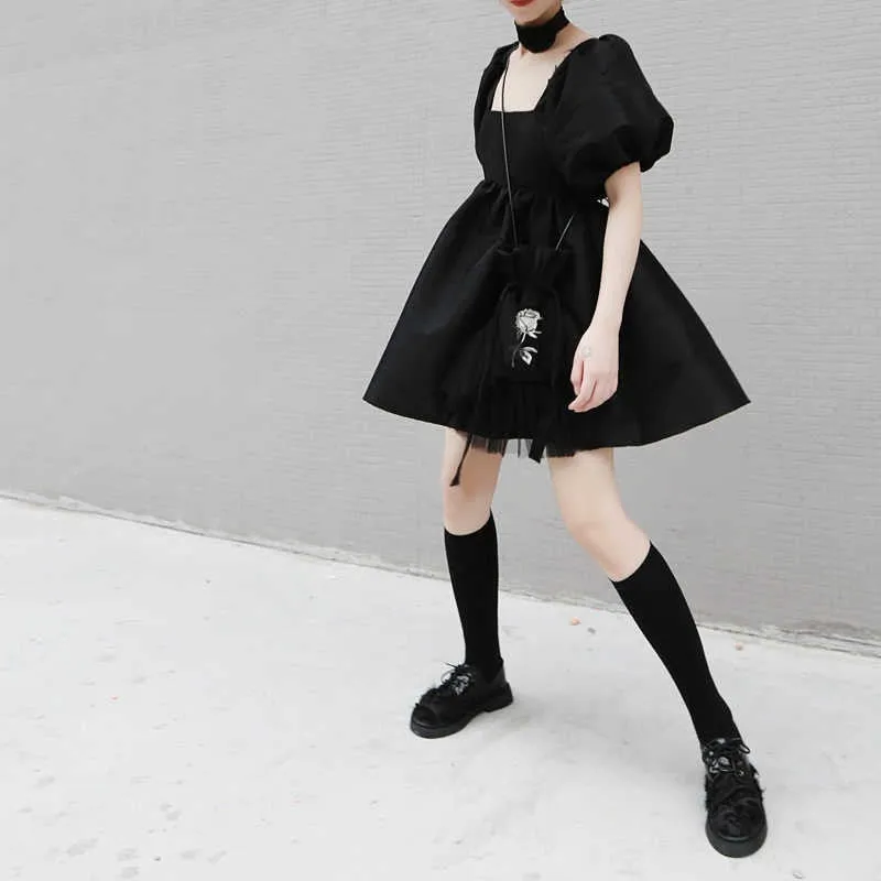 Yukie Square Collar Puff Dress - Black